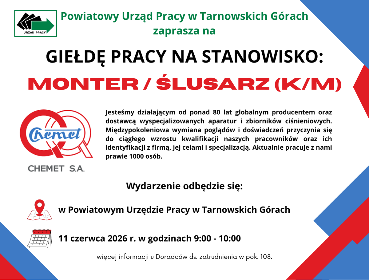 Zaproszenie na Giełdę pracy organizowaną przez PUP Tarnowskie Góry w dniu 11 czerwca 2026 r. w zawodzie monter/ślusarz (K/M)