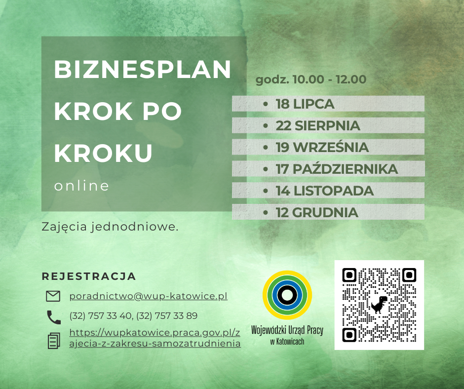Plakat zawierający informacje dotyczące realizacji przez Wojewódzki Urząd Pracy w Katowicach szkolenia z zakresu Biznesplan