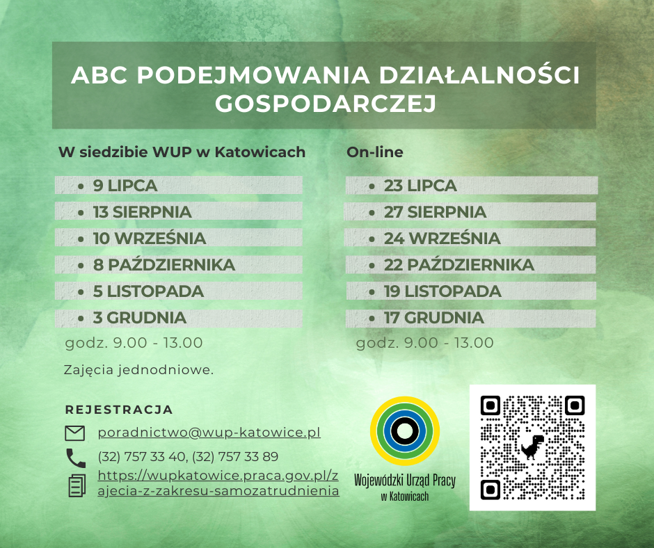 Plakat zawierający informacje dotyczące realizacji przez Wojewódzki Urząd Pracy w Katowicach szkolenia z zakresu ABC podejmowania działalności gospodarczej
