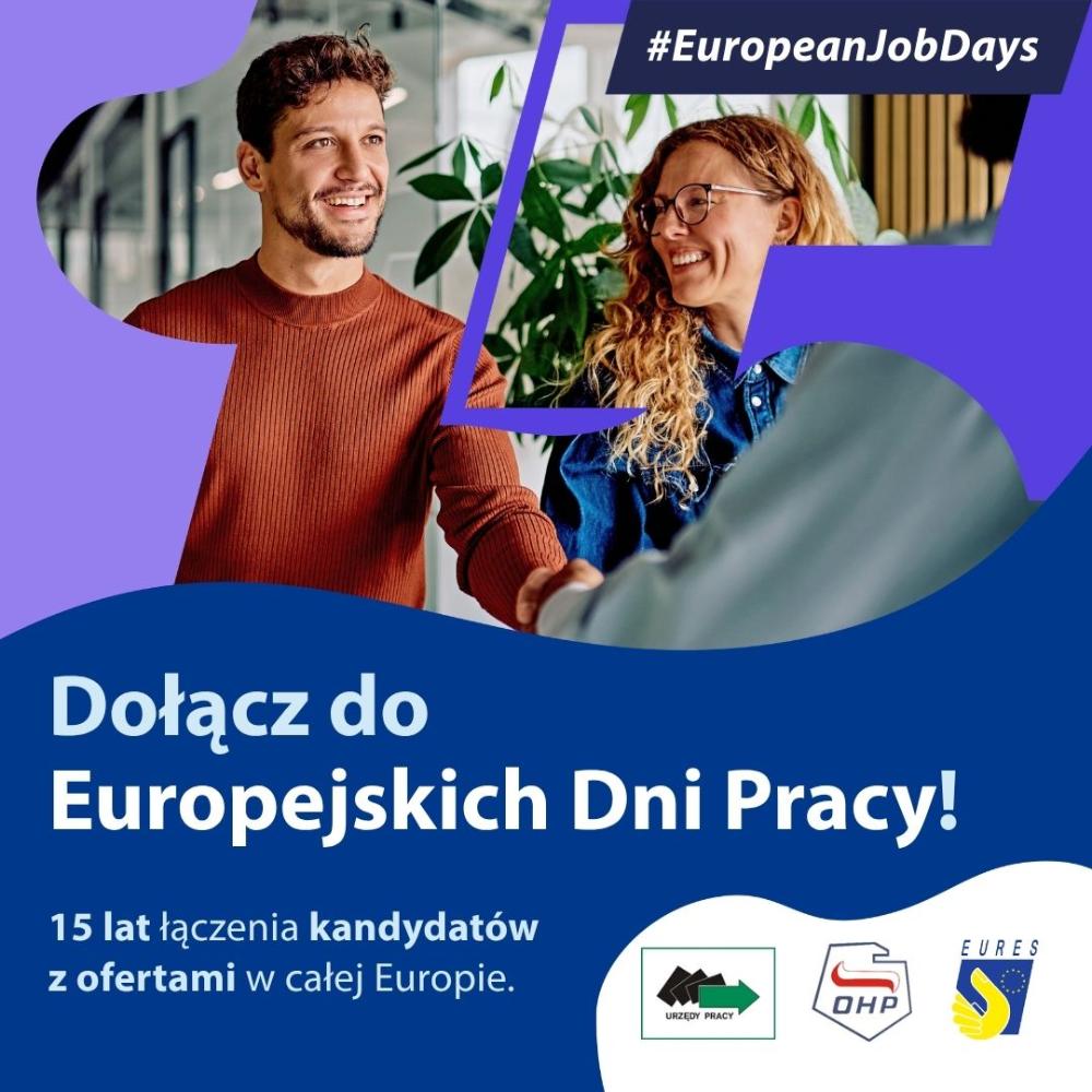 Trzy osoby na obrazku na tle liczby 15 oraz logo sieci EURES, urzędu pracy i ochotniczego hufca pracy