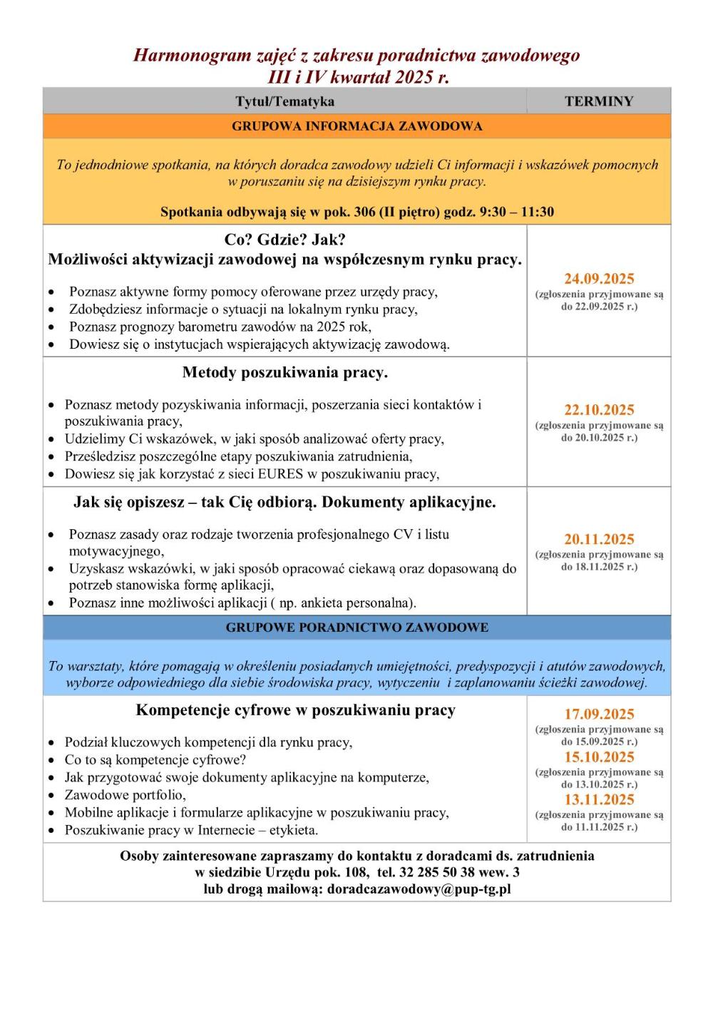 Harmonogram zajęć z poradnictwa w trzecim i czwartym kwartale 2025 roku plakat